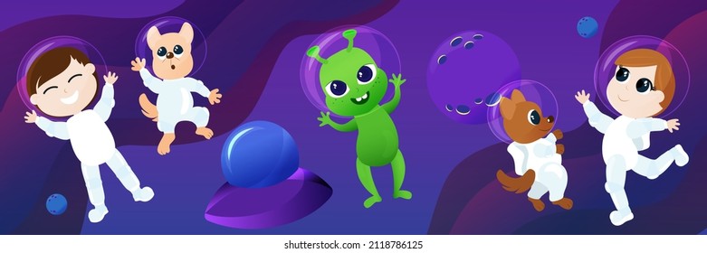 Astronauts fly in space. A boy, a girl, an alien, dogs in astronaut costumes and a flying saucer of aliens and planets in the background. The mood of joy, fun, childhood, dreams and curiosity.