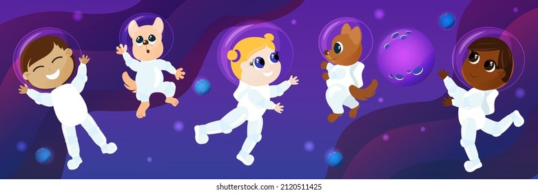 Astronauts fly in space. A boy, a girl, dogs in astronaut costumes and planets in the background. The mood of joy, fun, childhood, dreams and curiosity.