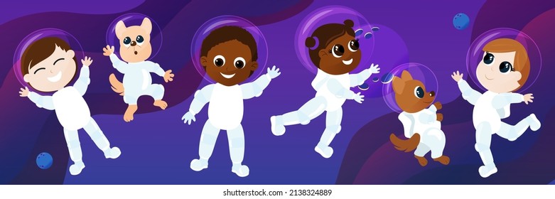 Astronauts fly in space. A boy, a girl, dogs in astronaut costumes and a flying saucer of aliens and planets in the background. Cartoon style illustration of the universe.The mood of joy, fun.