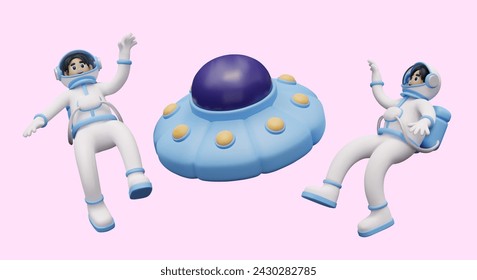 Astronauts fly in zero gravity near UFO. Male character in spacesuit approached flying saucer