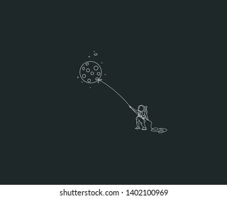 Astronauts Flying Balloon with kite style, Flat Line Art Vector Design illustration.