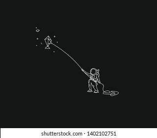 Astronauts Flying kite, Flat Line Art Vector Design illustration.