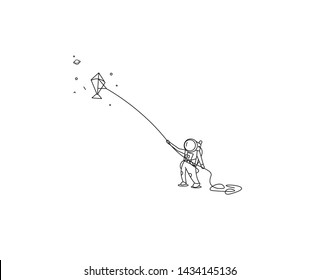 Astronauts Flying kite, Flat Line Art Vector Design illustration.