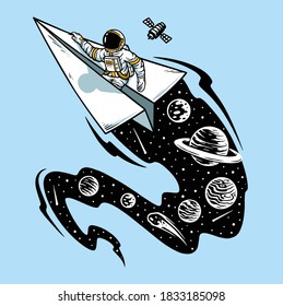 Astronauts flying on paper ships illustration