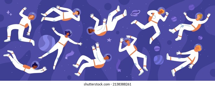 Astronauts flying in open space. Universe with free floating people in spacesuits. Spacemen in weightlessness. Cosmic discoverers. Planets or stars. Zero gravity. Vector