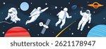 Astronauts flying in outer space. Horizontal banner with spacemen in spacesuits flying between stars, planets, comets and satellites. Cosmos and astronomy. Cartoon flat vector illustration