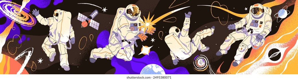 Astronauts flying in outer space horizontal banner. Spacemen are in cosmos. Cosmonauts' flight in outerspace. People in spacesuits, helmets spacewalk between planets, stars. Flat vector illustration