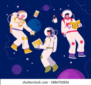 Astronauts flying in space. Cosmonauts in orbit daily routine - working on laptop or smartphone, reading book, drinking coffee. Planets and stars landscape on background. Vector character illustration