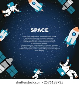 Astronauts are flying in space galaxy cosmos with planets satellite rocket and stars. Exploring missions with no gravity 