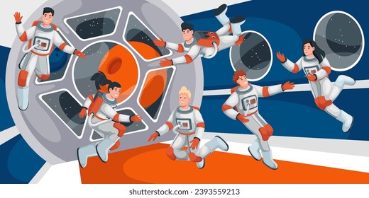 Astronauts flying in zero gravity in cockpit inside spaceship vector illustration. Cartoon astronauts in spacesuits fly in weightlessness in interior of spaceship, travel in space 