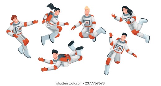 Astronauten, die in der Schwerkraft null fliegen, innerhalb eines Raumschiffs, Vektorgrafik. Cartoon einzelne Astronauten in Raumanzügen, die während der Raumfahrt in Schwerelosigkeit schwimmen, Mann und Frau in verschiedenen Posen