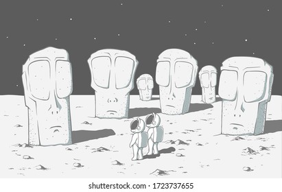 Astronauts found lost another alien civilization on mysterious planet.They saw there an great stone monolithic statues in the form of heads of alien. Vector illustration