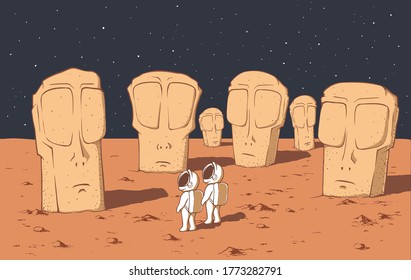 Los astronautas encontraron perdida otra civilización extranjera en un planeta misterioso. Allí vieron grandes estatuas monolíticas de piedra en forma de cabezas de extranjeros. Ilustración de vector de color