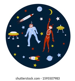 Astronauts funny teens, rockets, satellites - round icon, isolated on white background - vector. Space Exploration. Galaxy Tourism