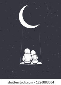 Astronauts girl and boy sits on swing and look to universe.Hand drawn style.Space vector illustration