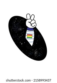 Astronaut's hand with peace sign on fingers. The hand sends a friendly signal through the wormhole.
