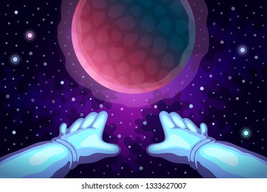 Astronaut's hands are stretched towards the planet. Cosmos exploration and space flights concept