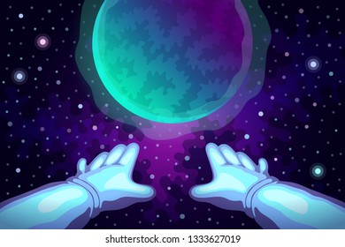 Astronaut's hands are stretched towards the planet. Cosmos exploration and space flights concept