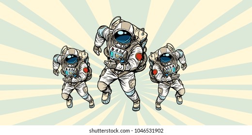 equipo heroico de astronautas. Dibujo gráfico retro gráfico gráfico cómico kitsch vintage