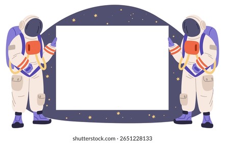 Astronautas segurando bandeira contra o céu escuro das estrelas do espaço. Cosmonautas mostrando outdoor em branco retangular. Homem do espaço em traje espacial apresentando cartaz. Descoberta de galáxias. Plano de fundo do vetor