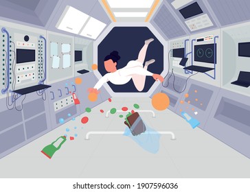 Astronauts inside space station flat color vector illustration. Person flying in zero gravitation with lotws of different food 2D cartoon characters with special devices on rocket on background