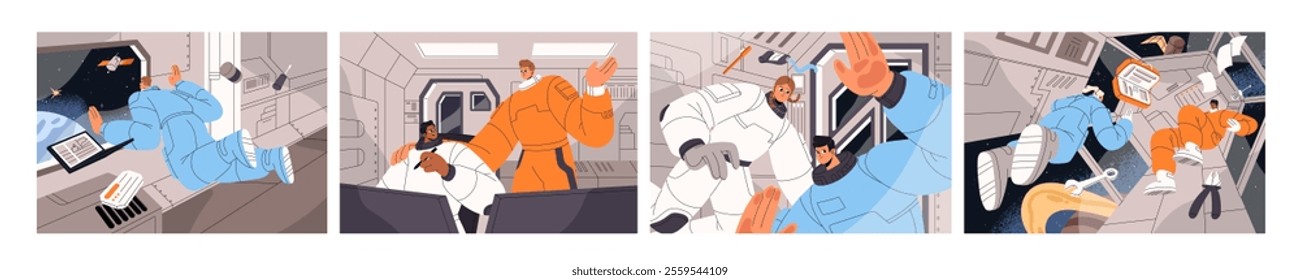 Astronauts are inside spaceship, rocket in cosmos set. Cosmonauts floating in zero gravity in spacecraft. Spacemen flying in ship, shuttle, International Space Station. Flat vector illustrations