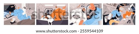 Astronauts are inside spaceship, rocket in cosmos set. Cosmonauts floating in zero gravity in spacecraft. Spacemen flying in ship, shuttle, International Space Station. Flat vector illustrations