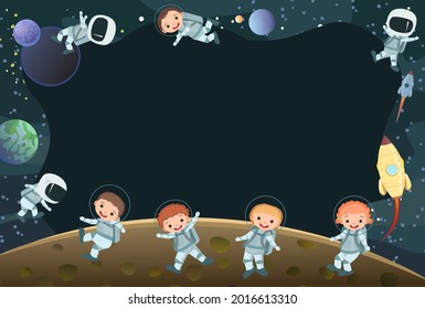 Astronauts kids in spacesuits. Frame. Cosmos background. Planets. Childrens illustration. Starry sky landscape. Dark colors. Flat style. Cartoon design. Vector