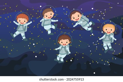 Astronauts kids in spacesuits. Illustretion. Cosmos background. Planets. Childrens illustration. Starry sky landscape. Dark colors. Flat style. Cartoon design. Vector