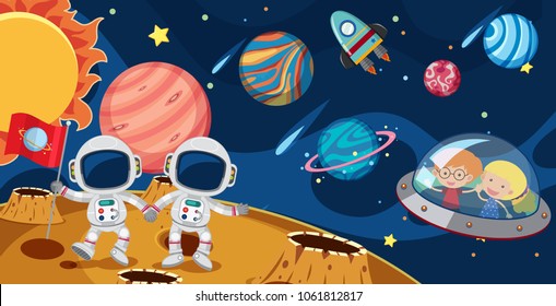 Astronautas e crianças em ilustração UFO