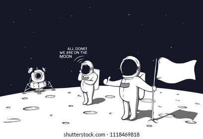 astronauts landed on the moon and put the flag.Vector illustration