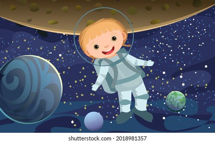 Astronauts little girl in spacesuits. Childrens illustration. Planets. Starry sky landscape. Dark colors. Flat style. Cartoon design. Vector