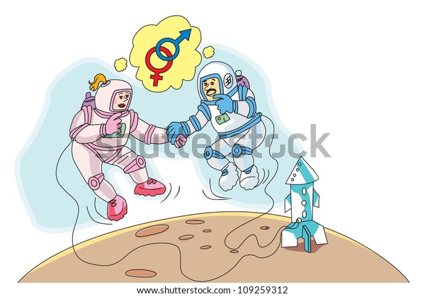 Astronauts in Love, Space Walk, Rocket to\
the Moon, vector\
illustration