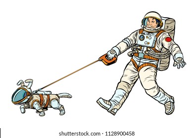 astronauts man and dog isolated on white background. Pop art retro vector illustration kitsch vintage drawing