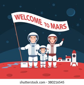 astronauts man woman and child on mars.exploration of mars. welcome to mars concept illustration. family on mars.colonization of mars.