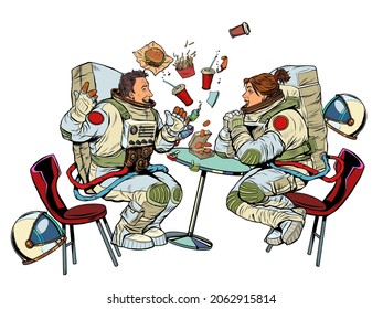 Astronauts man and woman couple date at fast food restaurant