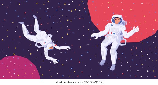 Astronauts man and woman fly in zero gravity in outer space. The research of the galaxy, space and unknown planets. Human spaceflight. Modern vector illustration.