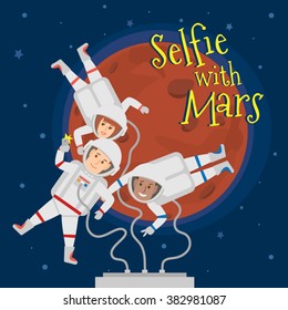 astronauts men and woman in outer space taking selfie portrait with mars .selfie with mars concept illustration