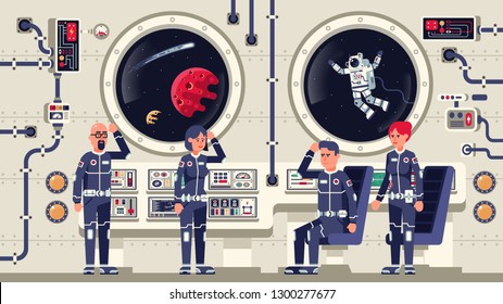 Astronauts are men and women aboard a spacecraft. The interior of the interstellar spaceship. Vector illustration