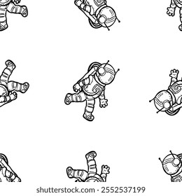 Patrón sin costuras monocromo de los astronautas. Arte doodle en blanco y negro. Aventuras espaciales y viajes en el universo. Diseño de impresión de Vector de envoltura de tela