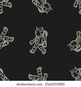 Astronauts monochrome seamless pattern. Black and white doodle art on a dark background. Space adventures and travel in universe. Fabric wrapping vector print design