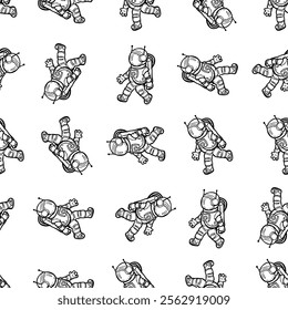 Astronauts monochrome seamless pattern. Black and white doodle art. Space adventures and travel in universe. Fabric wrapping vector print design