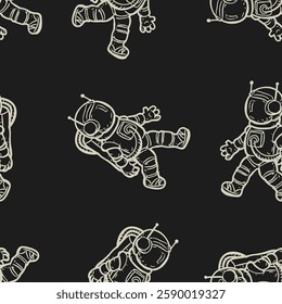 Astronauts monochrome seamless pattern. Black and white doodle. Space adventures and travel in universe. Fabric wrapping vector print design