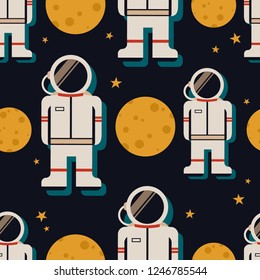 Astronauts, moon and stars, hand drawn seamless pattern. Colorful background vector, outer space. Decorative colored wallpaper, good for printing. Overlapping backdrop design, flat style