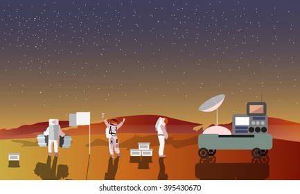 Astronauts on Mars concept vector illustration. Landing to red planet. Space scientists and rover. Mars landscape.