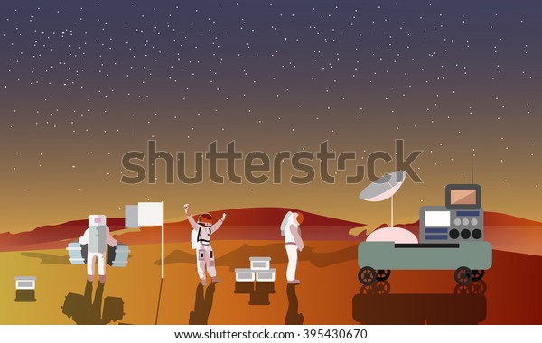 Astronauts on Mars\
concept vector illustration. Landing to red planet. Space\
scientists and rover. Mars\
landscape.