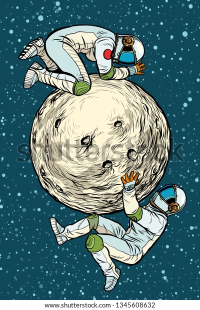astronauts on the moon, space exploration.\
Pop art retro vector illustration kitsch\
vintage