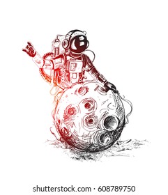 Astronauts on Moon space mission poster, Hand Drawn Sketch Vector illustration.