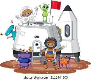 Astronauts on planet surface with colony buildings illustration