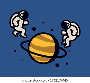 Astronauts on Saturn vector illustration. Cute spaceman in outer space. Space vector illustration.